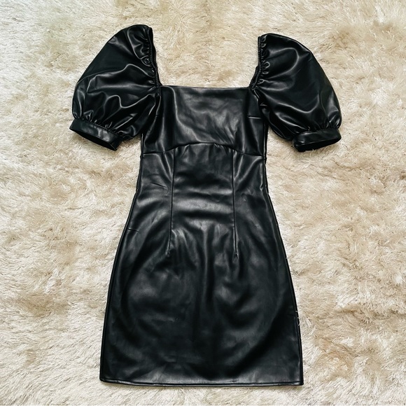 H&M Divided Faux Leather Puff Sleeve Tie back Mini Dress - Picture 5 of 13